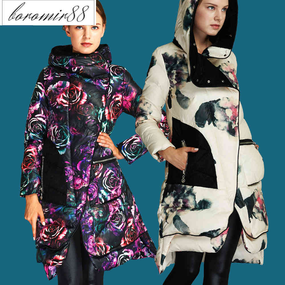 

Winter print coat fashion creative design French minority women' down jacket medium and long, Rice white flower