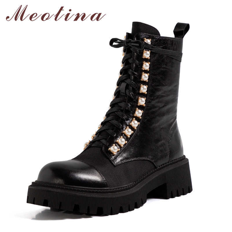 

Meotina Crystal Real Leather Platform Mid Heel Ankle Boots Women Motorcycle Boots Shoes Lace Up Zip Block Heels Lady Short Boots 210608, Black