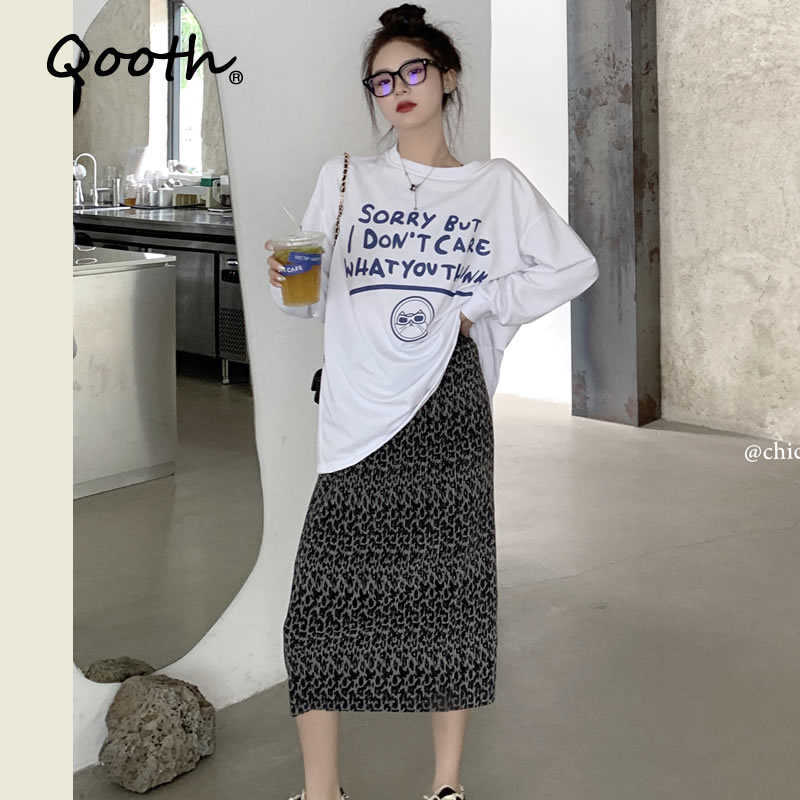 

Qooth Autumn Women's Loose Long Thin Cotton Sweatshirts O Neck Casual Female Tops and Leopard Skirts 2 pcs Clothing Set QT152 210609, White