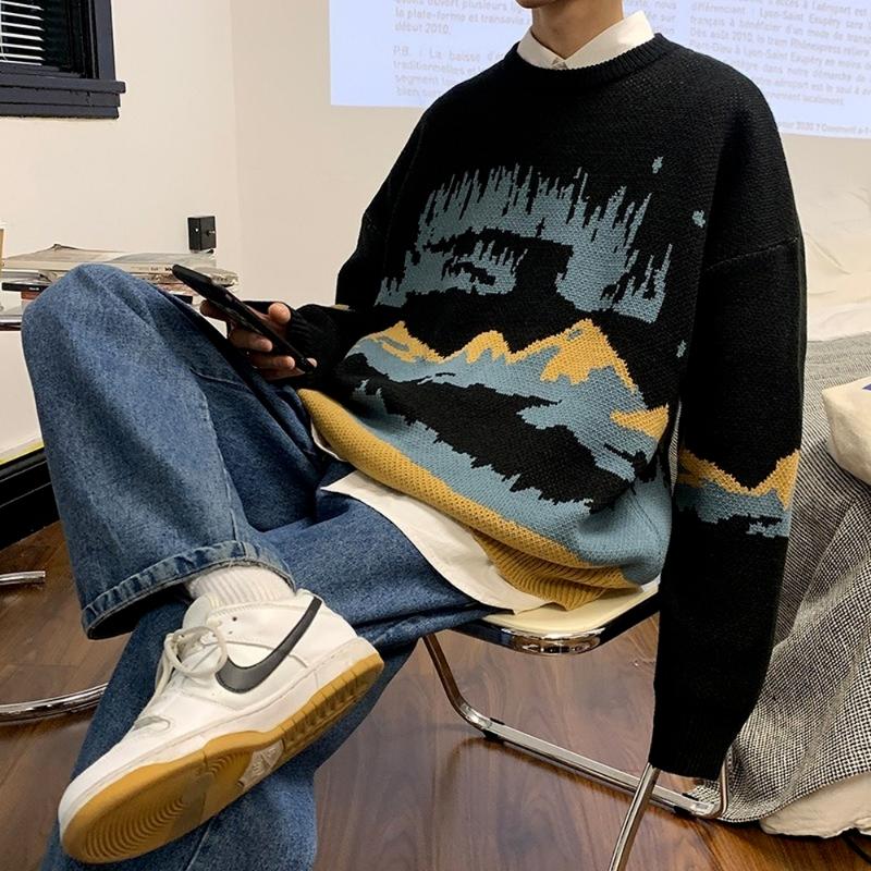 

Men's Sweaters Winter Sweater Men Korean Fashion Clothes Mountain Pattern Streetwear Loose Oversized Long Sleeve Knitted Shirts, Yellow