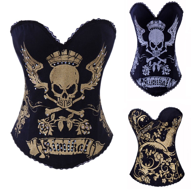 

Woman Bustiers Gold Silver Skull Pattern Print Cotton Push Up Overbust Corset Top Women Sexy Gothic Bustiers Overbust Waist Corselet Hallowe