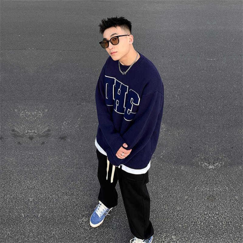 

Men's Sweaters Casual Streetwear Men 2021 Autumn Letter O-neck Long Sleeve Loose Pullover Jumper Embroidery Knitted Sweater, White;black