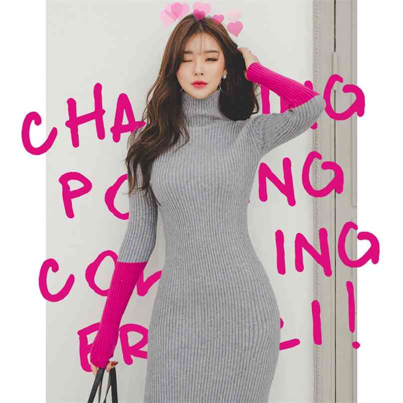 

winter color matching split han edition temperament turtleneck cultivate one's morality dress package hip sweater 210602, Gray