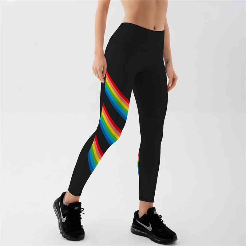 

Qickitout Leggings Plus Size Sexy Womens Black Rainbow Stripes High Waist Digital Print Leggings Fitness Trousers Drop
