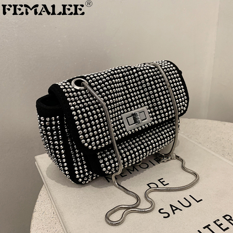 

Luxury Women's Bag Shining Diamond Flap Handbags Fashion Designer Pure Color Snake Chain Crossbody Bags High Sense Shoulder Sac C0228