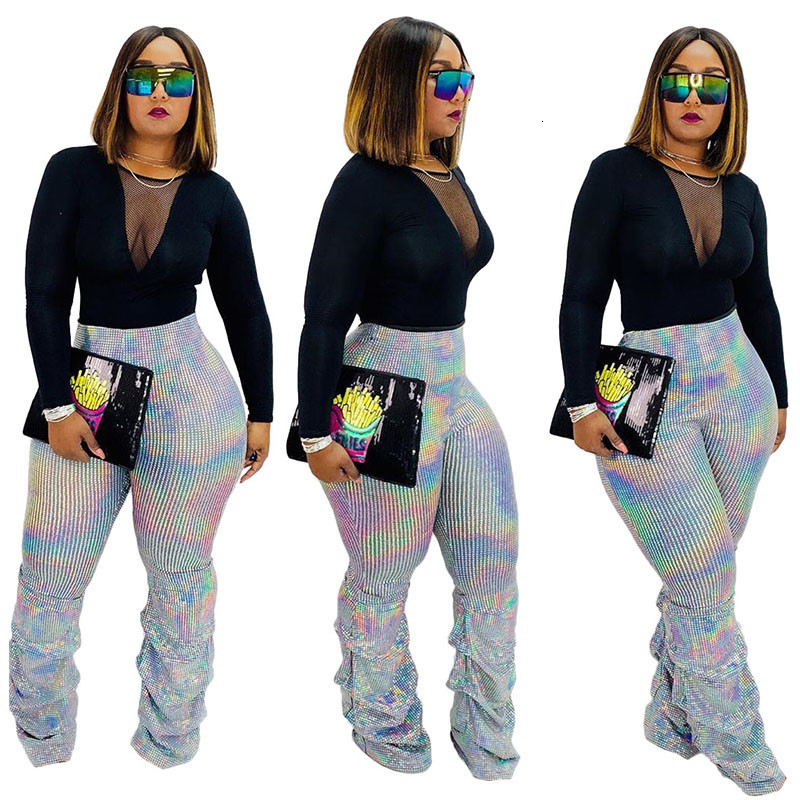 

2021 New Gothic Glitter Sequin Women High Waist Pleated Flare Pants Bell Bottom Ladies Shiny Party Long Trousers Pantalones Mujer Qarp, Light gray