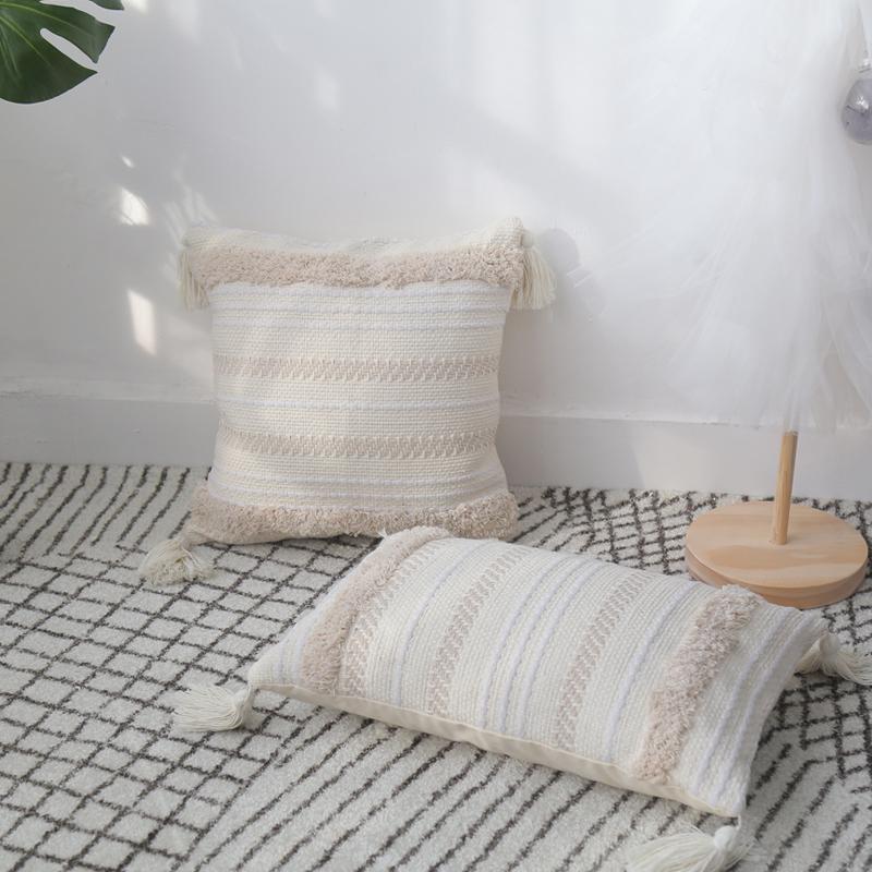 

Beige Grey Cotton Cushion Cover with Tassels Strip Embroidery Home Decoration Pillow Cover Sofa Pillowcase Pillow Sham 30x50cm, 30x50cm inner pillow