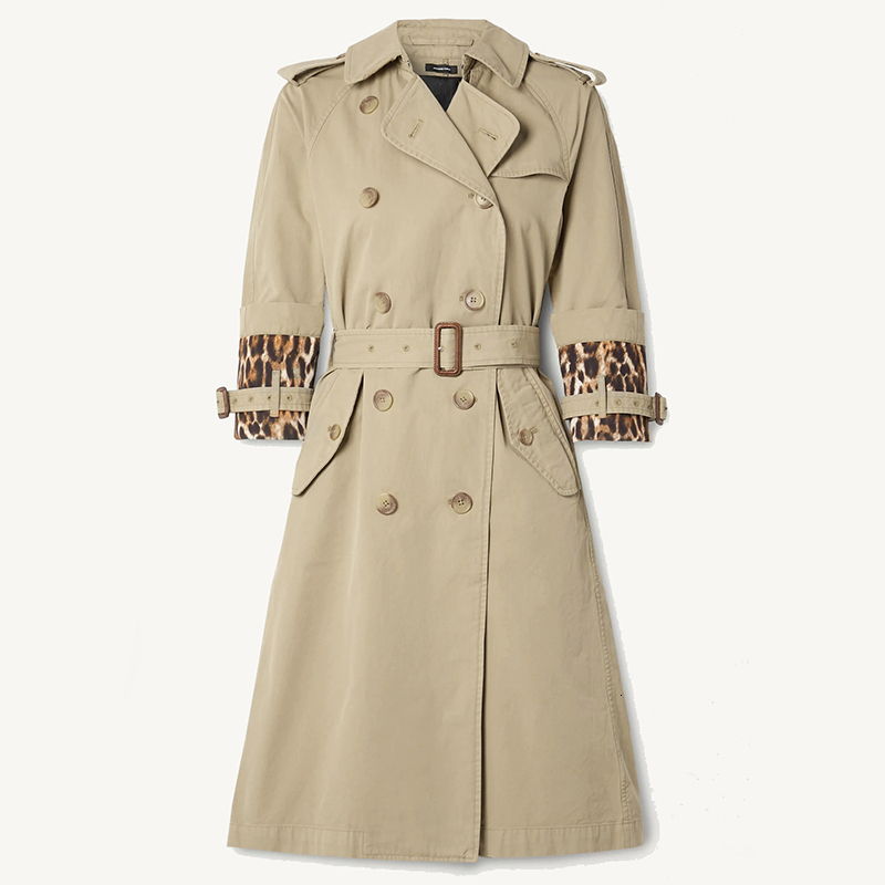 

2021 Leopard Spliced Epaulet Vintage Khaki Cotton Trench Coat with Sashes Belt Women Long Jackets Designer Double Breasted J2fa