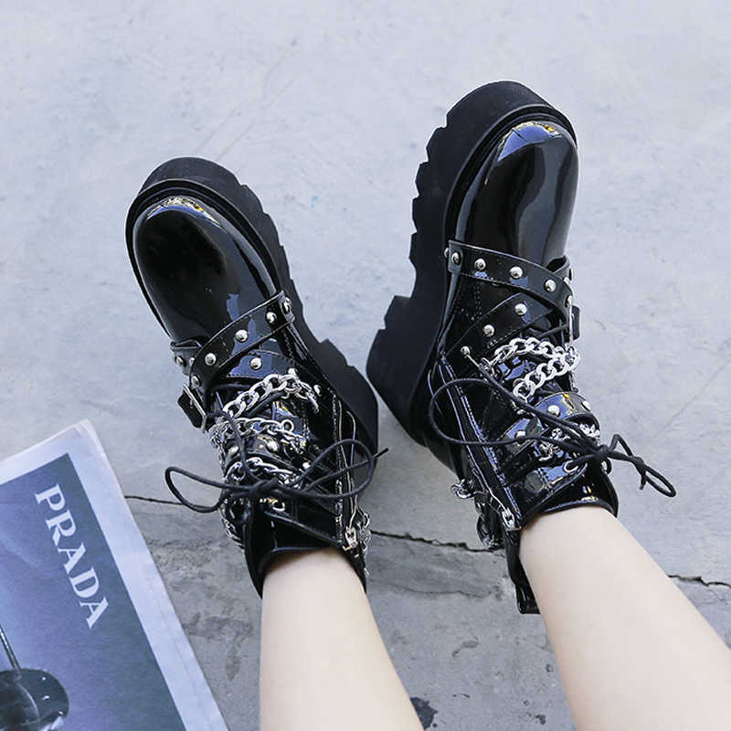 

demonias shoes Women Boots Square Heel demonia boots platform goth Band Thigh High Shoes Black Spring winter Y0910