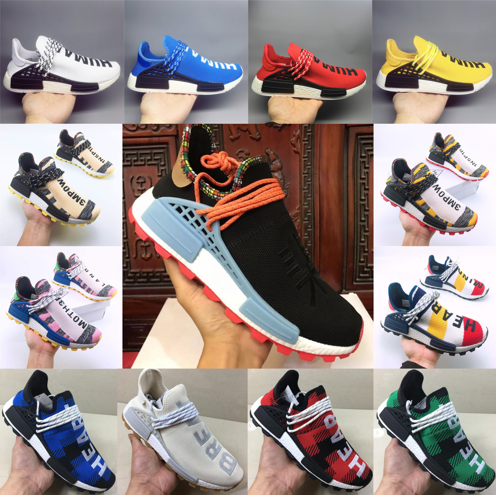 

Wholesale Human Race trail Shoes Luxury Designer Men Women Pharrell Williams Yellow noble ink core Black Red white casual sneakers big size 5-13, Extra shipping