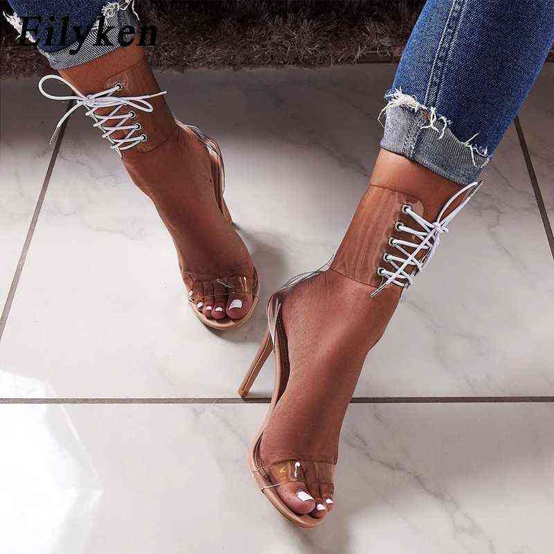 

Eilyken 2022 PVC Jelly Lace-Up Sandals Open Toed High Heels Sexy Women Transparent Heel Sandals Party Pumps 11CM Sales Promotion H1213, Black
