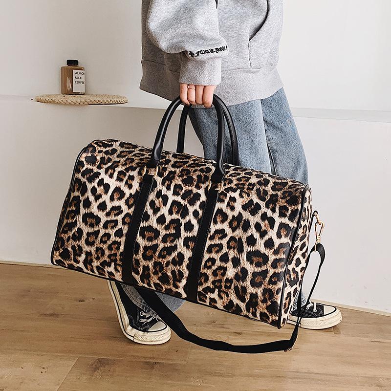 

Duffel Bags Fashion Leopard Print PU Leather Short Distance Travel Bag Men's And Women's One Shoulder Portable Training Sports Fitness, Black