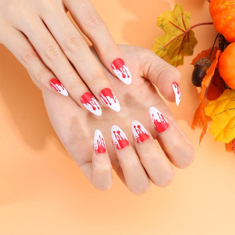 

False Nails 24pcs/Box Press On Full Cover Artificial Detachable Fake Wearable Nail Tips Halloween Coffin, Red;gold