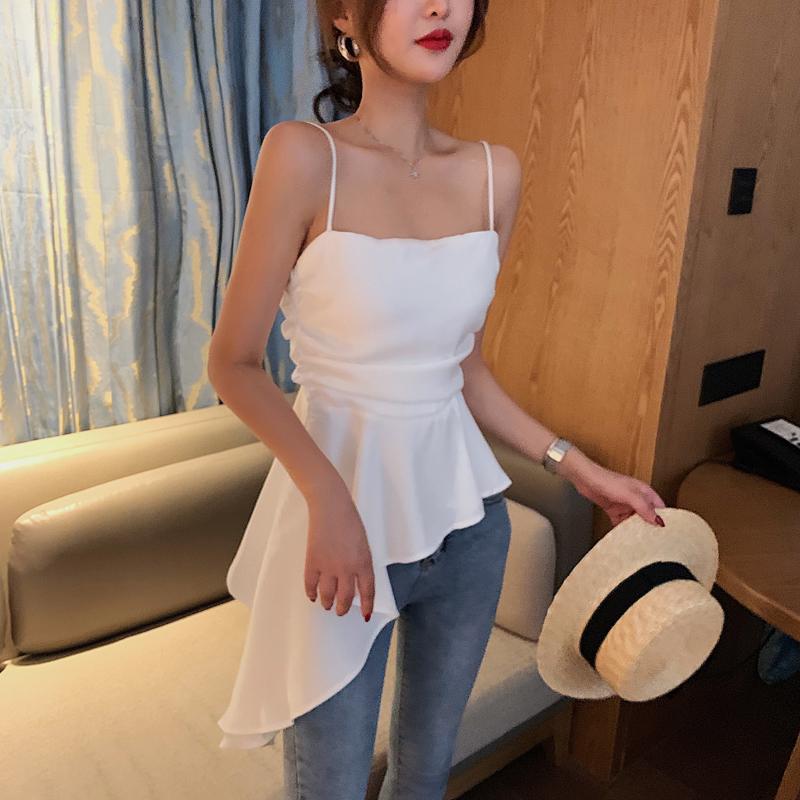 

Women' Blouses & Shirts Women Casual Irregular Diagonal Hem T-shirt Korean Chic High Waist Chiffon Tops Fashion Side Tees 2021 Summer, Pink