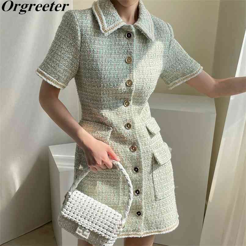 

Summer Korean Chic Elegant Temperament Lapel Single-breasted Double pocket Plaid Tweed Woolen Dress Women Vestidos 210602, Picture color 2