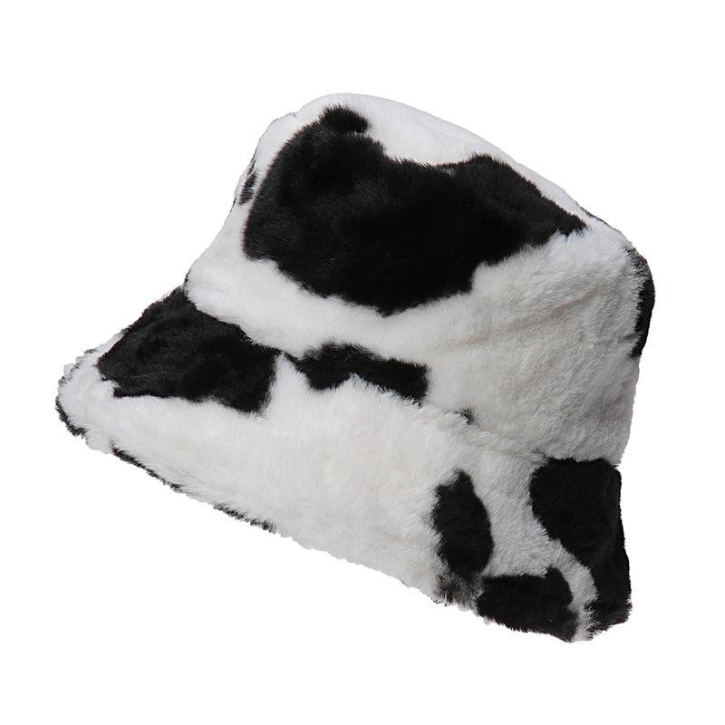 

Berets Women Adult Fashion Plush Warm Basin Hat Cow Milk Pattern Fisherman Cap Fedoras Lovely Decor Accessories Props, Black