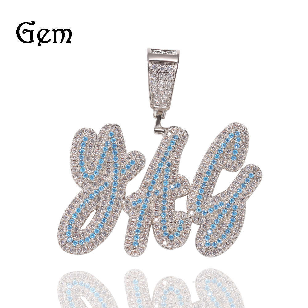 

New DIY English letter pendant necklace sea blue zircon color matching double grass hip hop Necklace