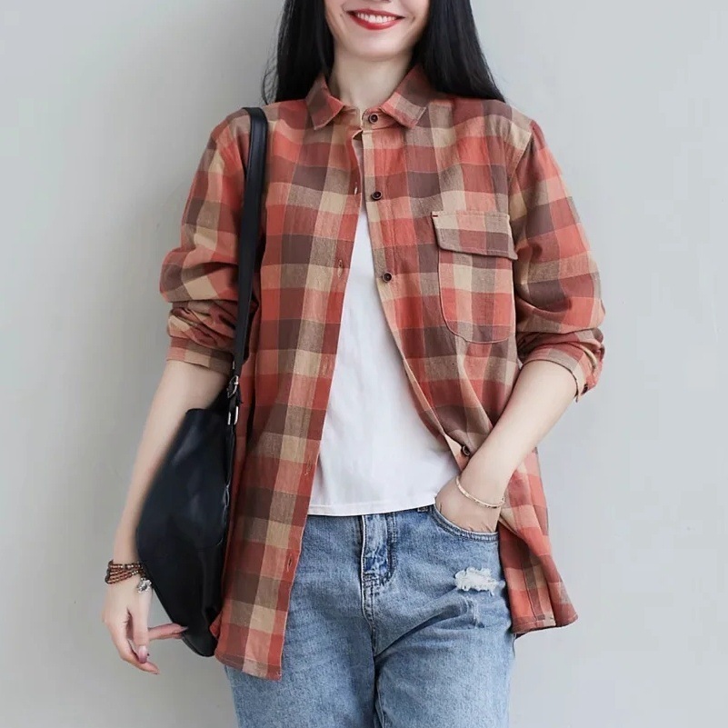 

2021 New 100% Cotton Plaid Shirts Womens Blouses and Tops Lady Long Sleeve Lazy Outwear Female Clothes Kmyt, 03
