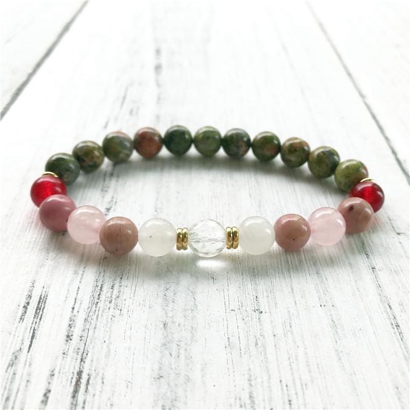 

Charm Bracelets Natural Unakite & Rhodonite Bracelet Wrist Mala Beads Spirituality Protection Feminine Energy Women's Yoga Round
