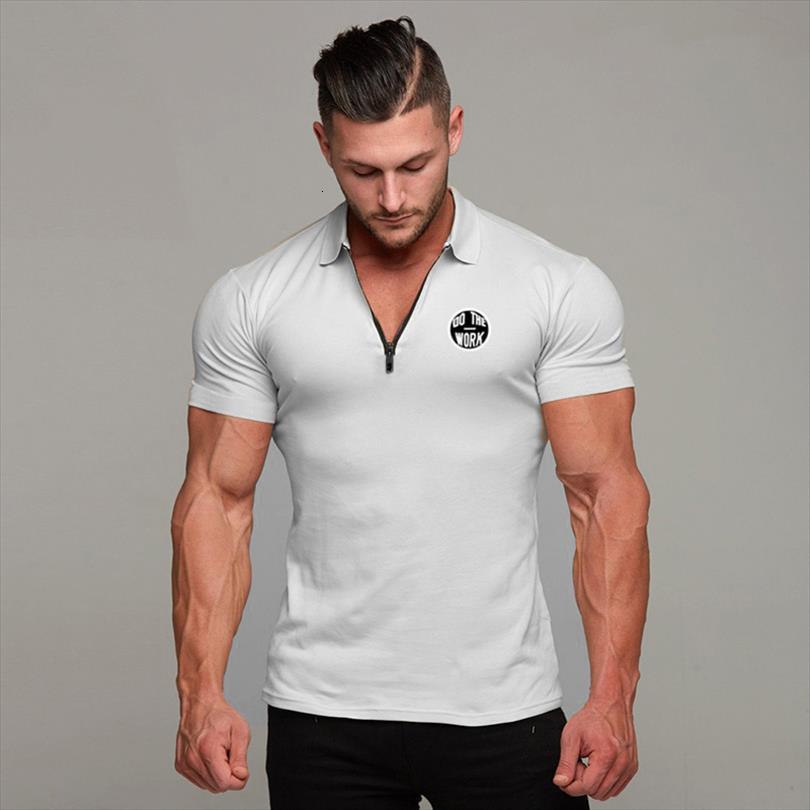 

cotton short sleeve shirt mens polos business fitness slim fit male running sport gym bodybuilding workout poloshirt, White;black