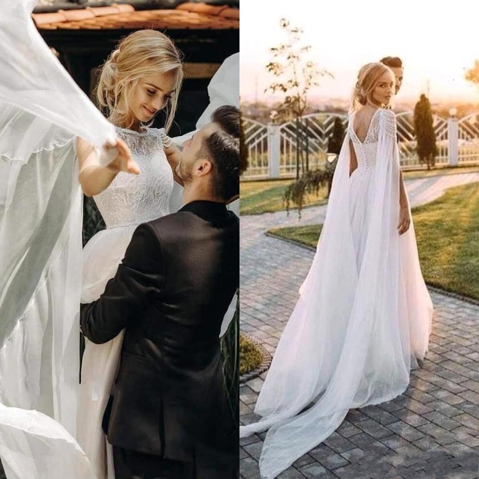 

2021 New Country Lace Bohemian Wedding Cape a Line Sheer Neck Backless with Pearls Garden Bridal Gowns Et6l, Ivory