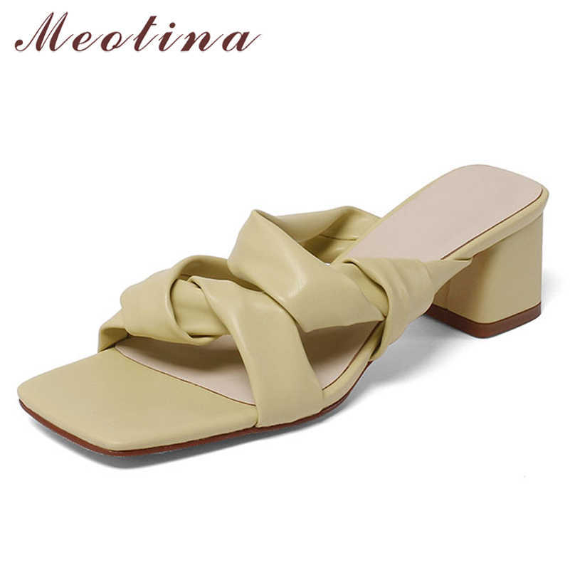 

Meotina Slippers Shoes Women Cross Strap Sandals High Heel Slides Chunky Heel Sandals Square Toe Ladies Footwear Summer Yellow 210608, Beige