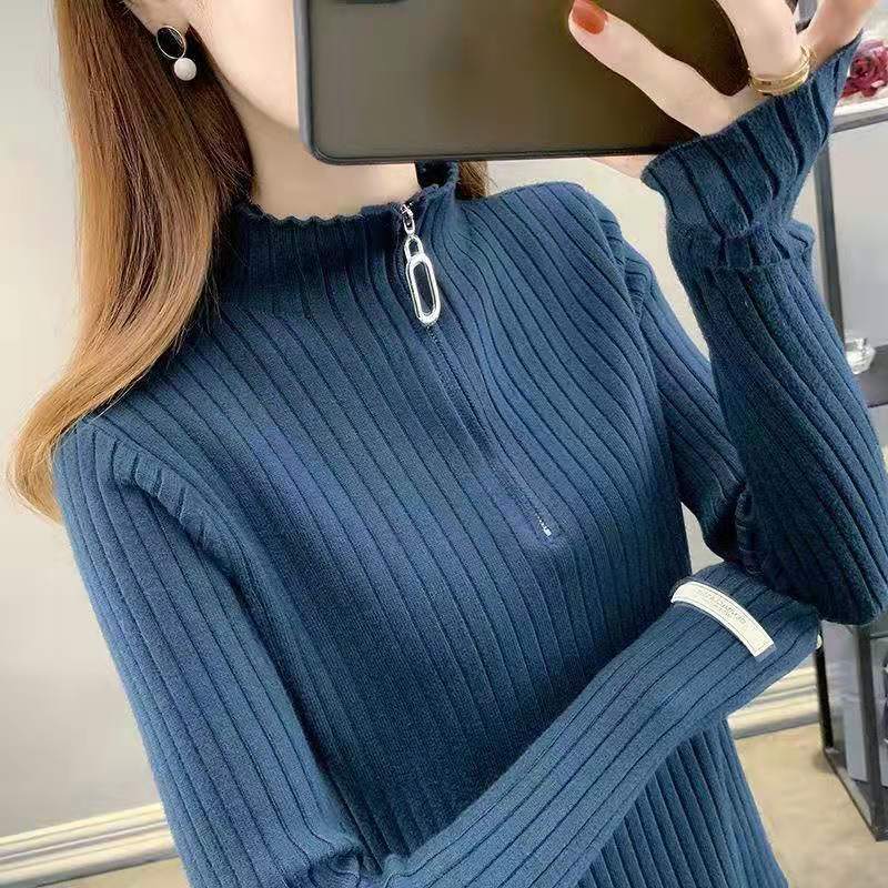 

Spring Autumn New Fashion Womens T-Shirts Half Turtleneck Zipper Decor Long Sleeve Pullovers Slim Oversize Base Shirt Female, White