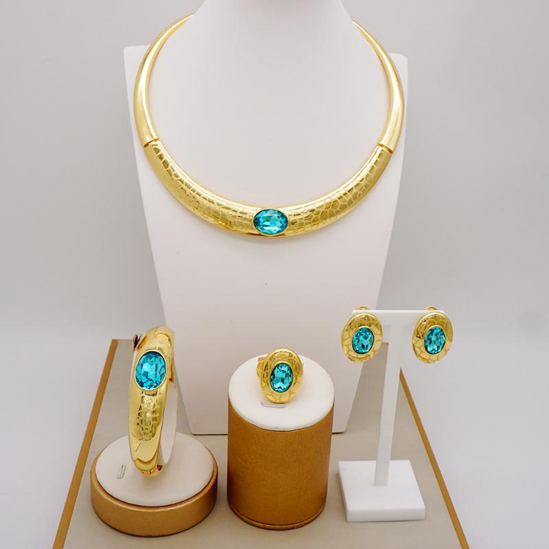 

Earrings & Necklace Brazilian Gold Luxury Jewelry Dubai Sets For Women Party Wedding Gift Blue Crystal Set, Silver