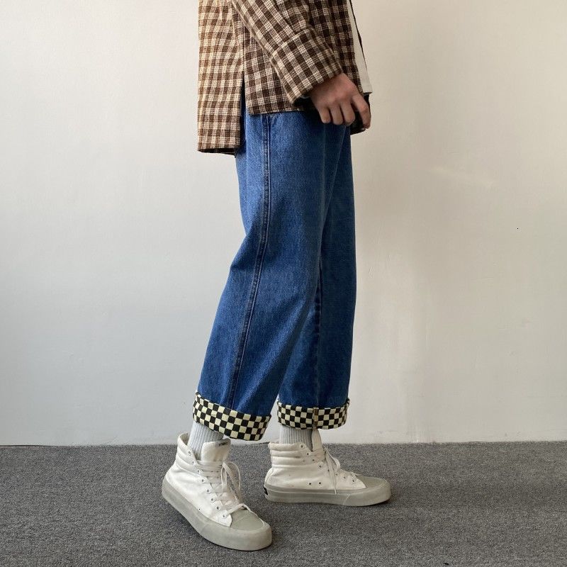 

2021 New Wide-leg Men's Fashion Retro Casual Plaid Jeans Men Streetwear Hip-hop Straight Denim Trousers Mens S-2xl Yklf, Light blue