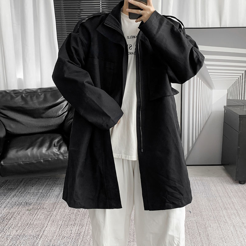 

2021 New Cotton Trench Men's Fashion Solid Color Casual Long Coat Men Streetwear Korean Oversize Windbreaker Jacket Mens Overcoat O3pn, Black