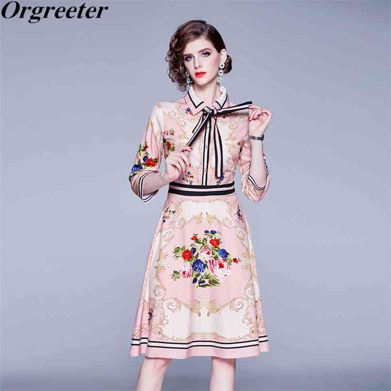 

Spring European Fashion Temperament Women's Bow tie Lapel Slim Retro Floral Printed Three quarter sleeve A-line Dress 210602, Pink