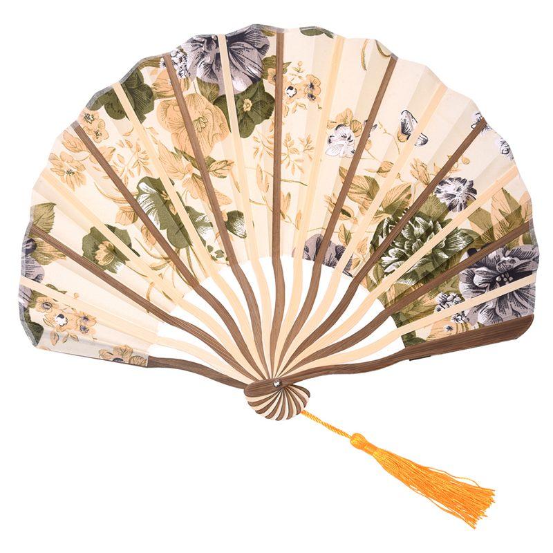 

JEYL Classic style peony flower fabric bamboo folding dance hand fan beige