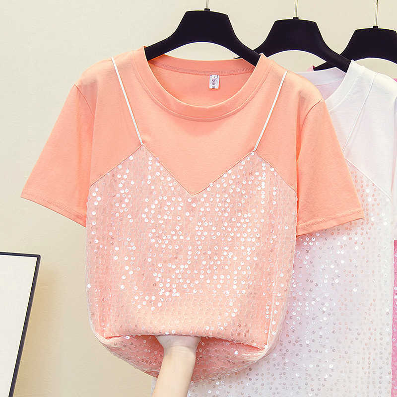 

Plus size cotton summer loose o-neck mesh chic T-shirt Casual Loose baisic short sleeve shiny t-shirt bottom T-shirt Female Tops 210604, Rose red