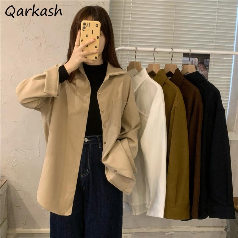 

Women's Blouses & Shirts Women Solid Simple Turn Down Collar Pockets 5 Colors Harajuku Tops Clothing Female Students Basic Ulzzang Daily Chi, White