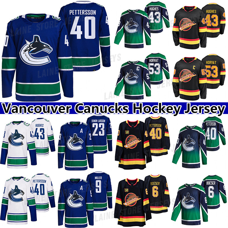 

Vancouver Canucks Jersey 40 Elias Pettersson 43 Quinn Hughes 6 Brock Boeser 53 Bo Horvat 9 J.T. MILLER 23 OLIVER EKMAN-LARSSON hockey jerseys, Blue