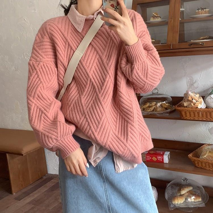 

Women's Sweaters Lingge Round Neck Sweater Female Autumn Winter Lazy Wind Pink Soft Waxy Pullover Student Top C1127, White;black