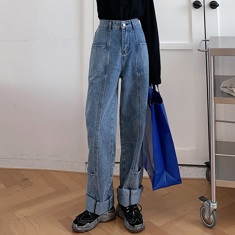 

jeans 2021 spring women's korean version loose wide leg pants high waist versatile casual floor dragging straight, Blue