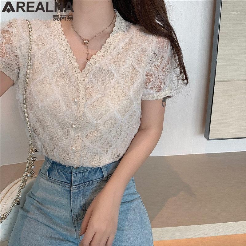 

Women's Blouses & Shirts Blouse Women 2021 Summer Elegant V-Neck Sexy Loose Korea Chic Short Sleeve All-Match Sweet Shirt Camisas Mujer, Photo color