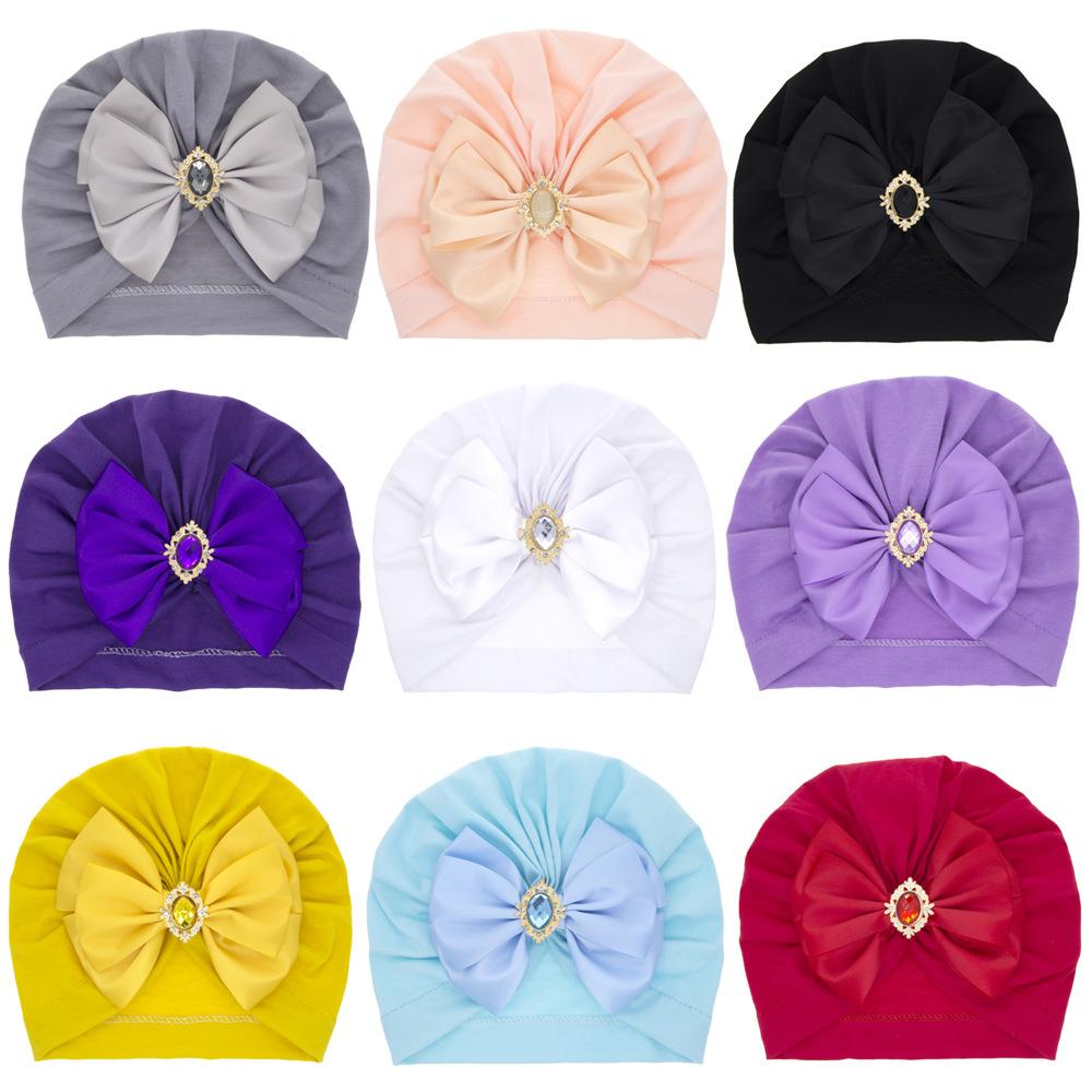 

A984 Europe Fashion Baby Inlaid Rhinstone Bowknot Caps Hat Turban Knot Headwrap Hats Girls Infant Kids Beanies 10 Colors, Mixed color