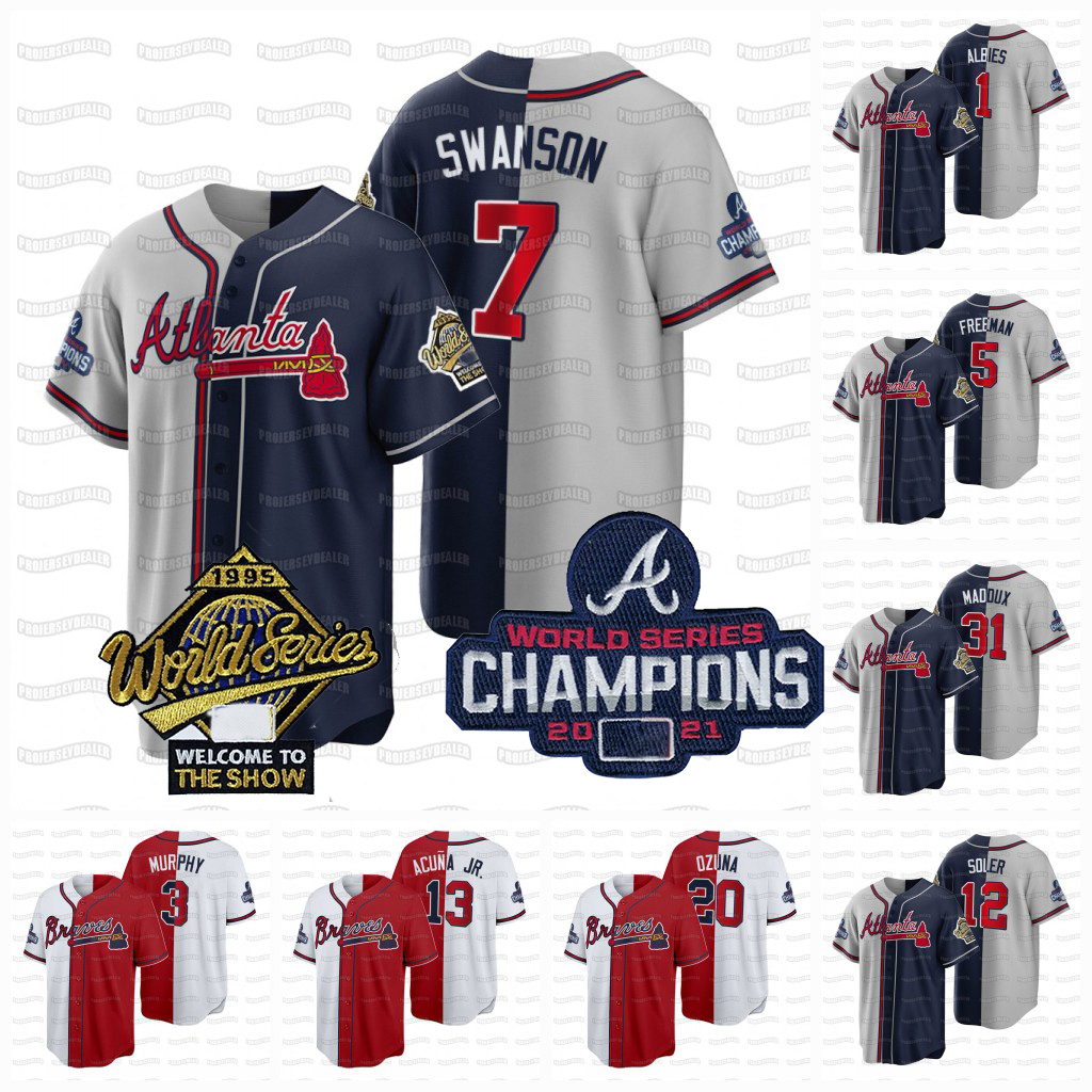 

Dansby Swanson Braves 1995 Throwback Split 2021 World Series Champions Jersey Austin Riley Freddie Freeman Ronald Acuna Jr. Max Fied Ozuna Albies, Navy-grey womens s-2xl