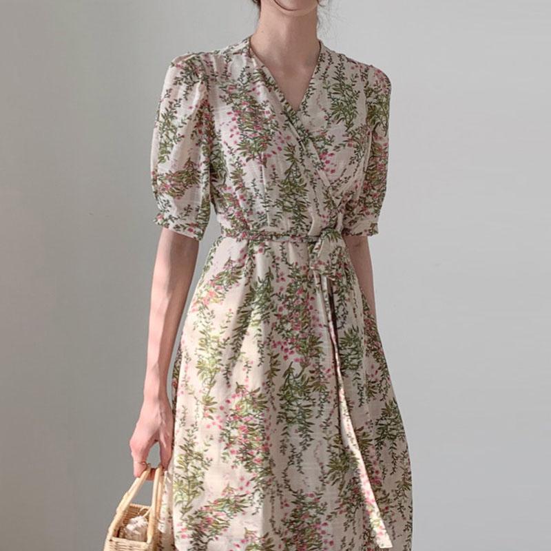 

Casual Dresses 2022 V-neck Floral Dress Elegance Lace-Up Korean Sexy Gentle Sweet Office Lady Plus Size Print Midi Long 14518, Black;gray