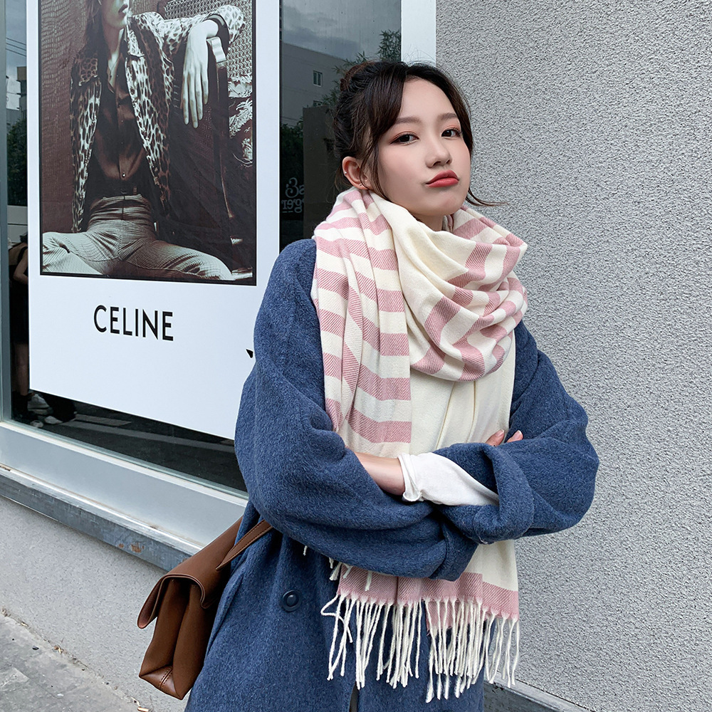

Striped Scarf Womens Autumn and Winter Color Matching Knitted Warm Cashmere Shawl European American Thickened Wholesale