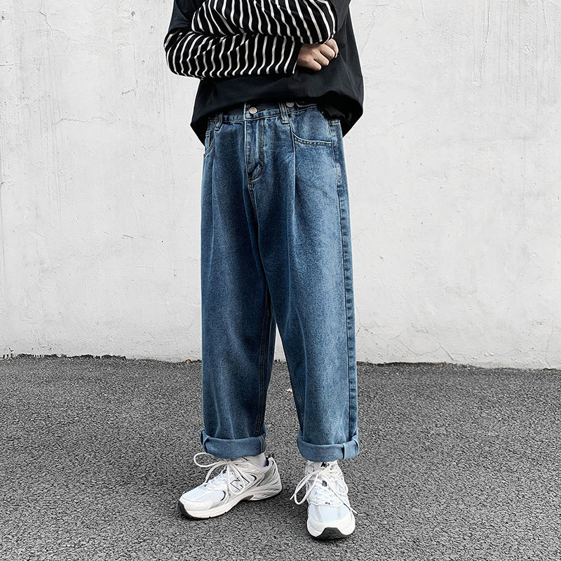 

New 2021 Men's Fashion Wide Leg Baggy Homme Casual Pants Cargo Pocket Jeans Black/blue Color Biker Denim Loose Trousers M-5xl 5aft, Light blue