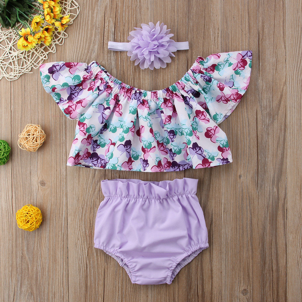 

New Girl Set Newborn Baby Girl Clothes Off Shoulder Floral Tops Shorts Headband Outfit Set 0-24M, Purple