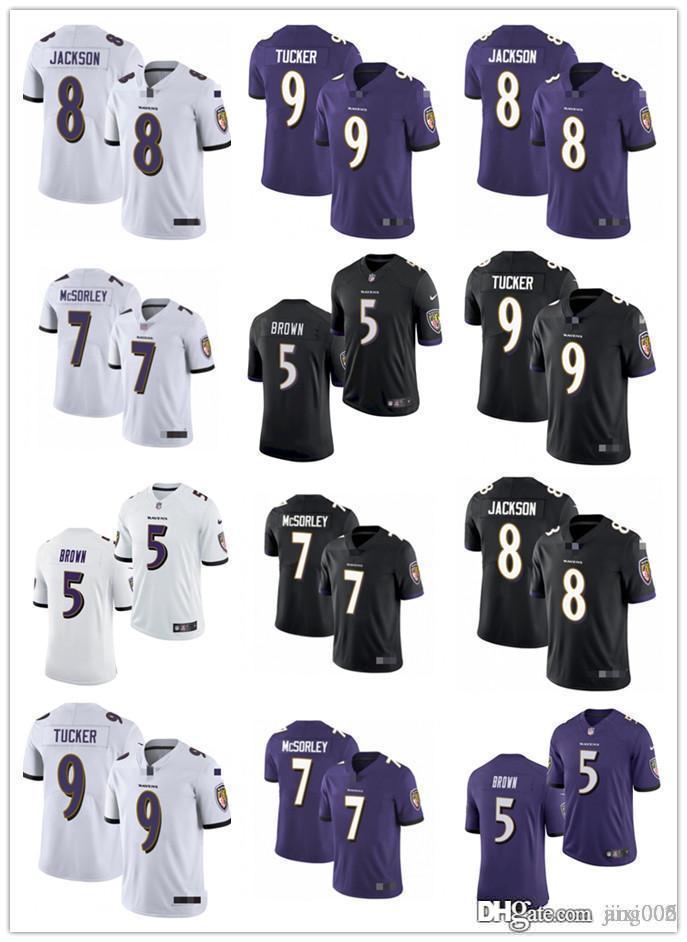 

Men Women Youth BaltimoreRavens8 Lamar Jackson 9 Justin Tucker 5 Marquise Brown 7 Trace McSorley Black Purple Football Jersey, Colour