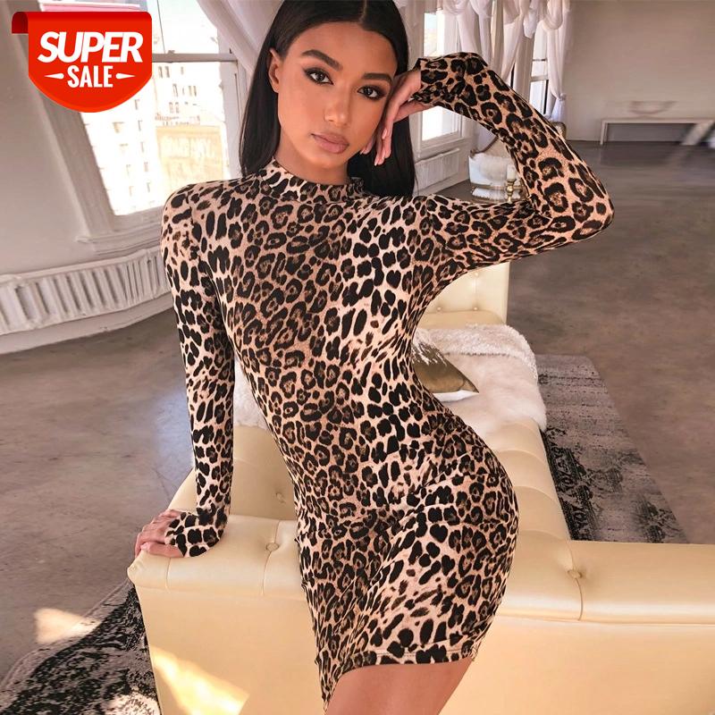 

long sleeve high neck leopard print sexy dresses 2019 spring autumn women fahsion high waist Christmas party dresses #AF9t, Black;gray
