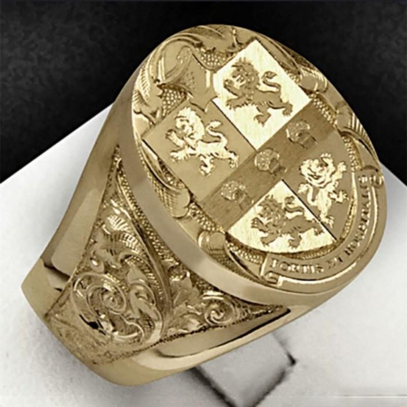 Wedding Rings Male&#039;s Luxury Yellow Gold Color Antique Ring Crown Lion Shield Engagement Finger Punk Biker For Men Rock Jewelry-image-711412873