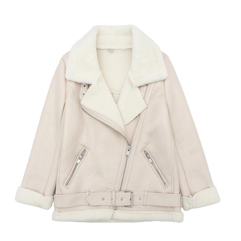 

LY VAREY LIN Women Winter Turndown Collar Warm Thick Faux Leather Lambs Wool Fur Collar Suede Jacket Faux Lamb Leather Coats, Gmyt-beige