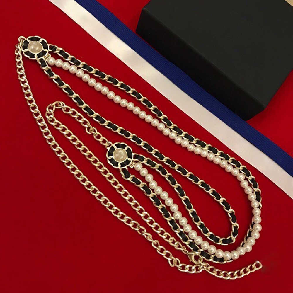 

2020 Brand Fashion Party Women Hot Vintage Thick Chain Leather Belt Gold Color Double Pearls Necklace Belt Party Fine Jewelry