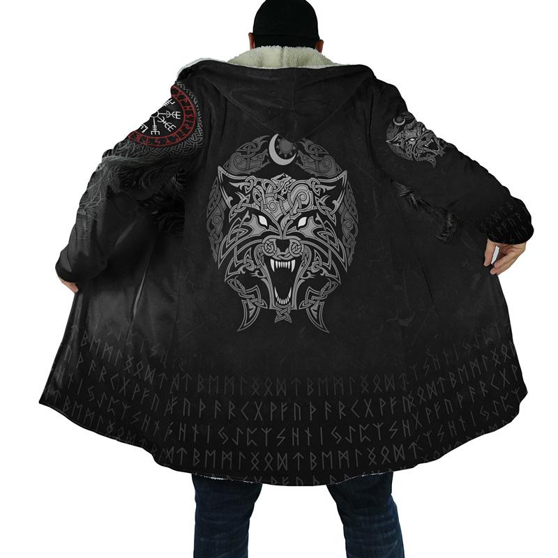 

Men' Trench Coats Winter Fashion Hooded Cloak Viking Tattoo 3D Printing Fleece Windbreaker Unisex Casual Thick Warm H003, Black